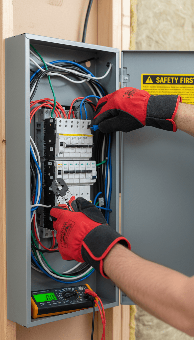 Elettricista al lavoro su quadro elettrico