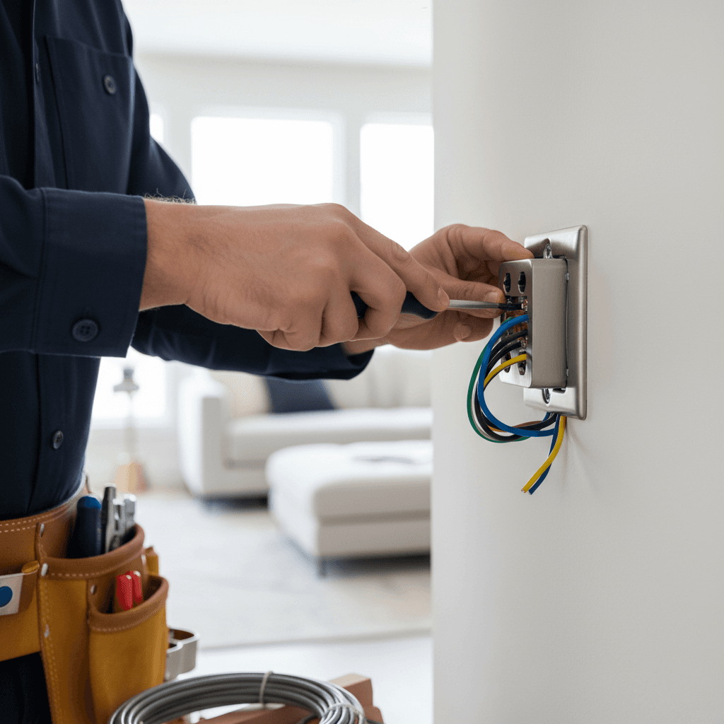 Electrician's hands installing modern high-capacity electrical outlet in residential wall with precision tools